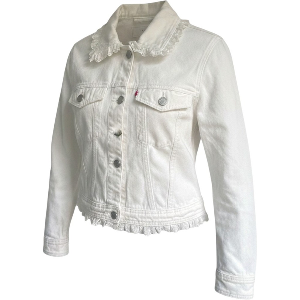 Blank NYC White Denim Jacket Cropped Eyelet Ruffle Trim Coquette Cottagecore